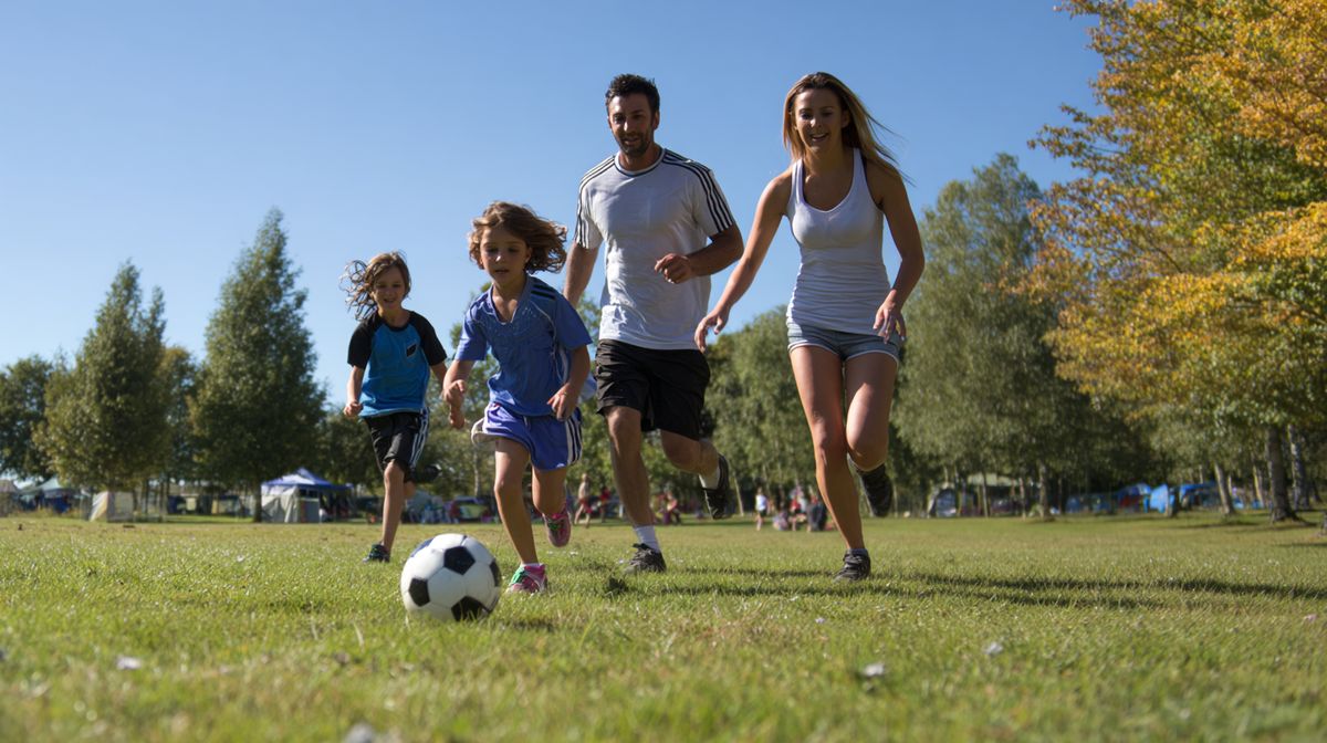 A family playing soccer in a park