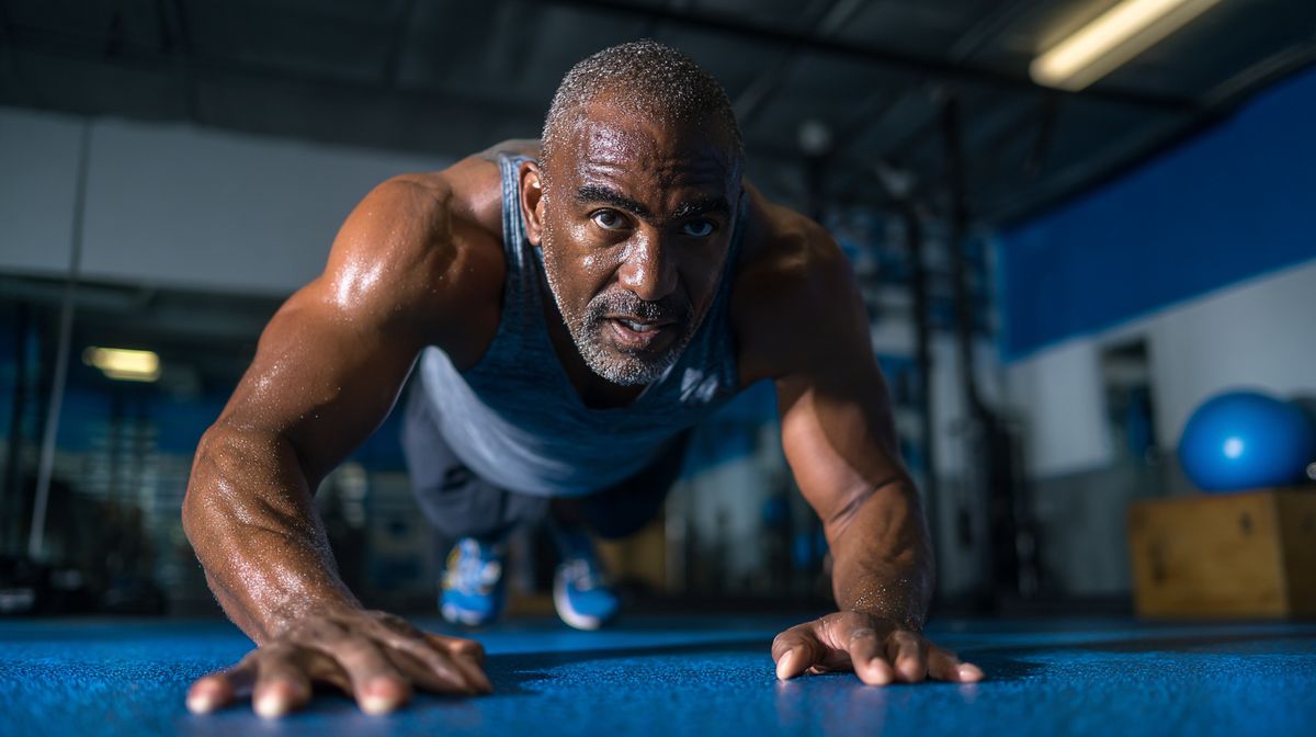 A man in his forties holding a plank on a gym floor